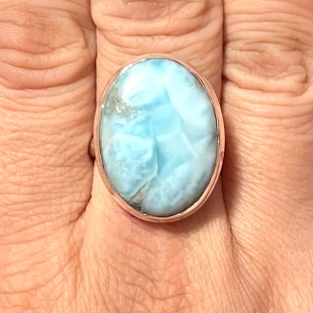 Stunning Artisan Genuine Large Larimar Sterling Silver Ring Size 8